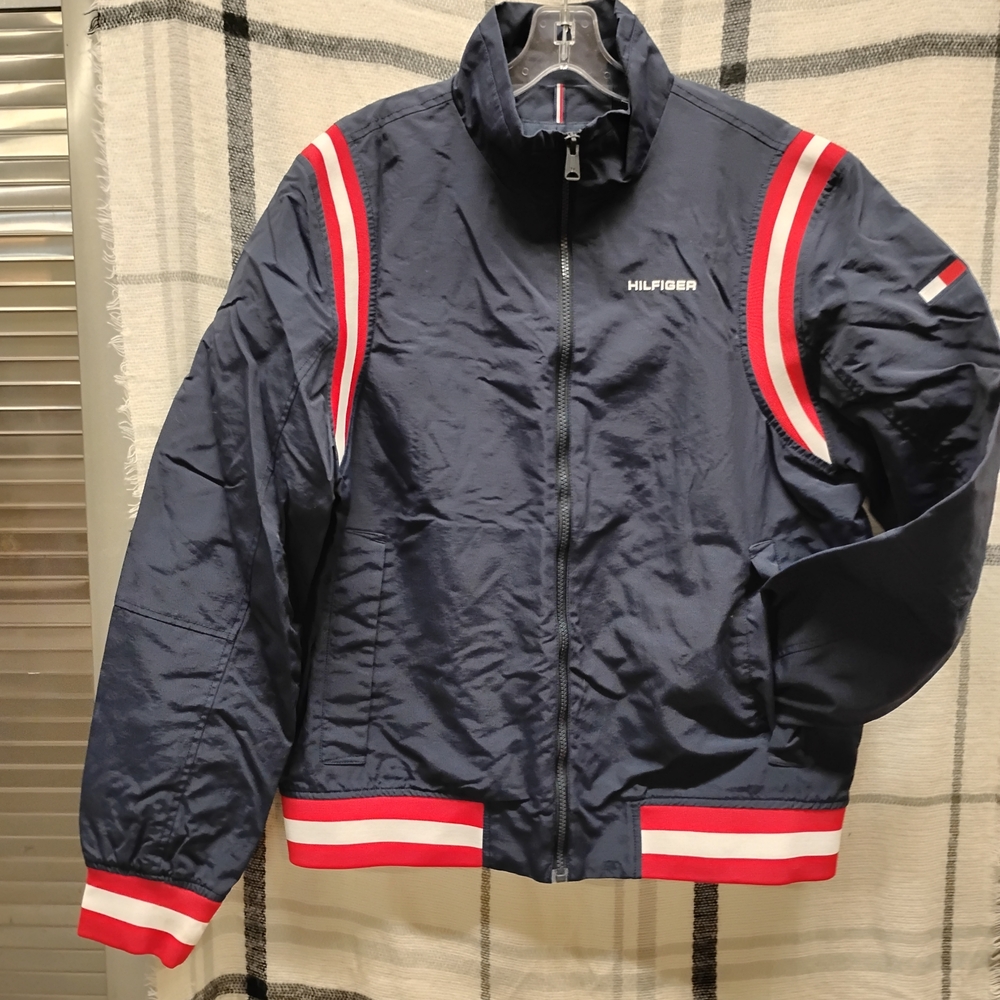Tommy Hilfiger Navy Bomber Jacket with Red and White Stripes